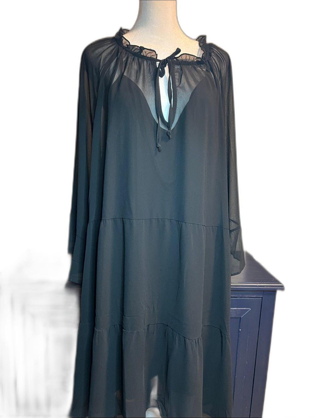 Show Me Your MuMu Sheer Black Chiffon Tiered Peasant Dress Size XXL Made in USA